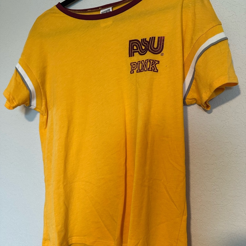 PINK Victoria's Secret Yellow ASU Ringer Tee with Maroon Trim